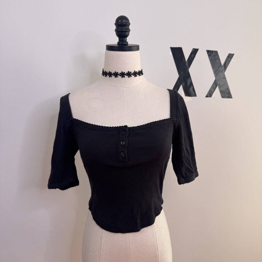 Urban Outfitters Black Ribbed Crop Top Square Neck Fitted Indie Grunge S